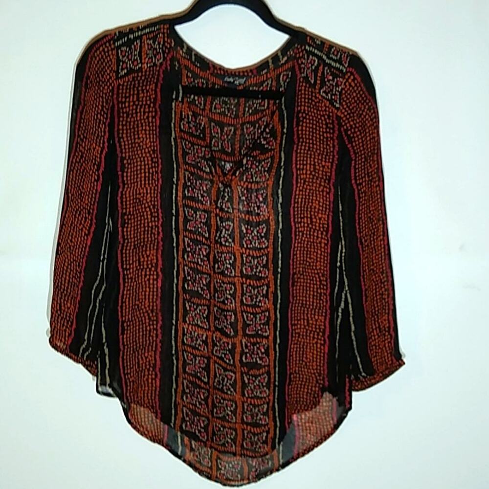 Lucky Brand Women's sheer V neck printed blouse. Size Small. Office, Business